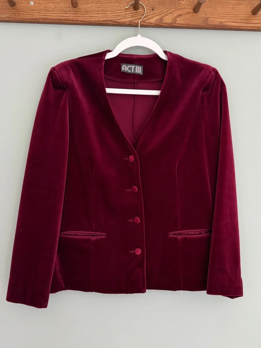 Vintage 80s Act III Burgundy Wine Velvet 4 Button Collarless Blazer Union Made